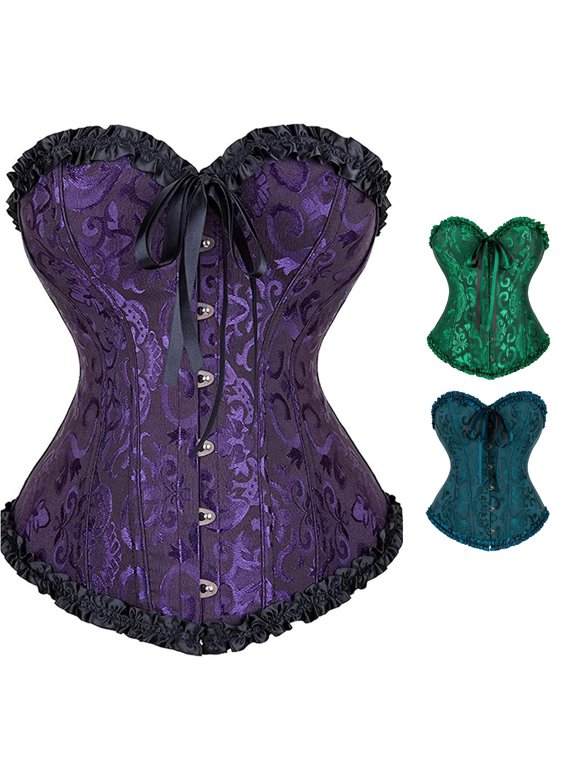 Womens Ruffle Lace Corset Top Floral Pattern Front Hook Closure Bow Detail Waist Cincher Bustier Shaping