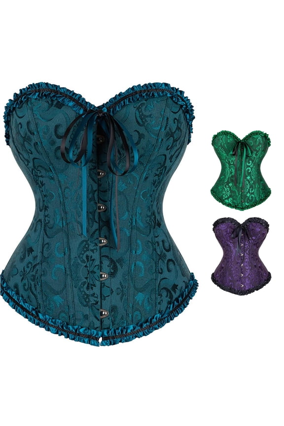 Womens Ruffle Trim Lace Corset Top Floral Pattern Front Hook Closure Bow Detail Waist Cincher Bustier Shaping