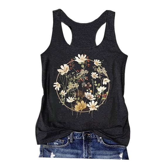 Trendfront Womens Scoop Neck Sleeveless Tank Top Floral Graphic Print Summer Racerback Casual Beach Tee Loose Fit Apparel