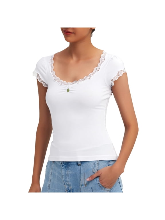 Womens Scoop Neck Tops Lace Cap Sleeve Ribbed Slim Fit Casual Layering Basic Layering Shirt for Women
