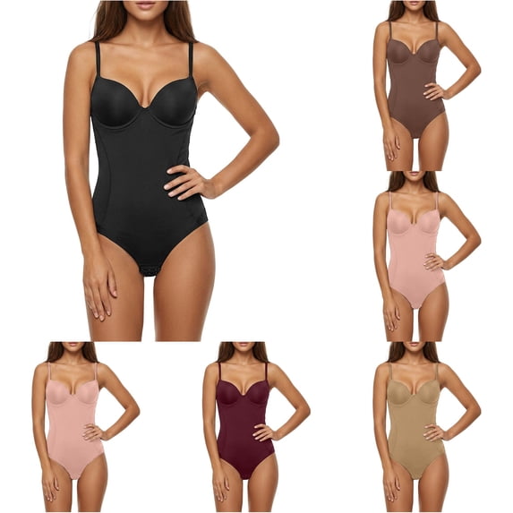 Trendfront Womens Shapewear Bodysuit Structured Bra Cups Slim Shoulder Straps High Cut Brief One Piece Body Shaper