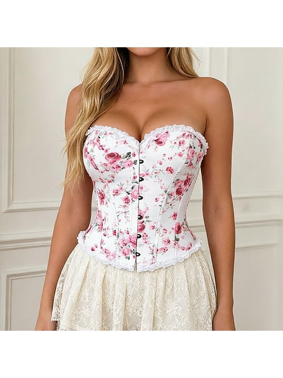Womens Shapewear Corset Bustier Floral Print Ruffle Front Closure Waist Cincher Vintage Style Shaping Wear