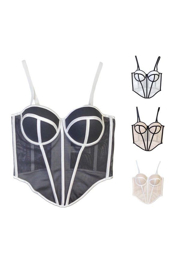 Womens Sheer Corset Top Spaghetti Straps Mesh Panel Bustier Style Crop Camisole Shaping
