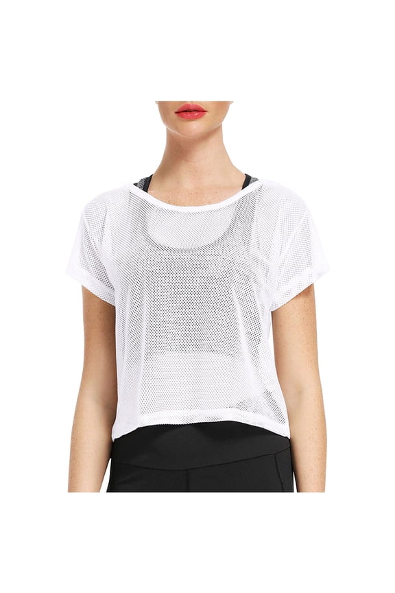 Womens Sheer Mesh Short Sleeve T Shirts Crew Neck Cropped Tee Lightweight Breathable Athletic Yoga Summer Tops