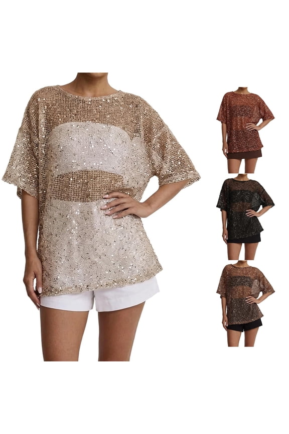 Womens Shimmer Sequin Sparkle Blouse Sheer Boat Neck Batwing Short Sleeve Solid Color Oversized Relaxed Fit Party Evening Clubwear Tops