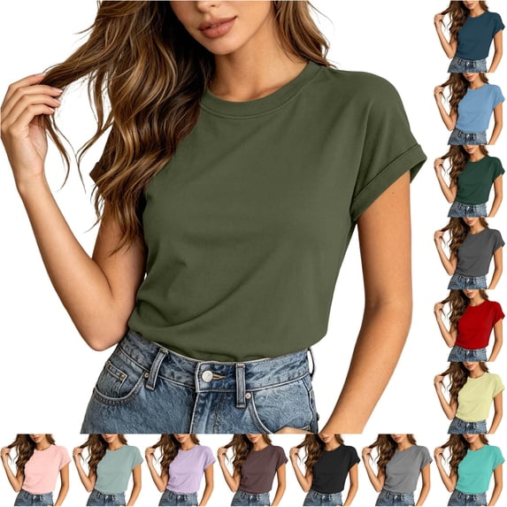 Trendfront Womens Short Sleeve Crewneck T Shirts Plain Solid Color Basic Tee Minimalist Slim Fit Sleeve Summer Casual Layering Tops
