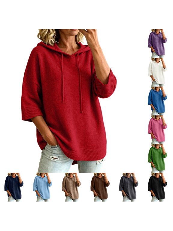 Womens Short Sleeve Knit Hoodie Drawstring Side Slits Oversized Fit Casual Relaxed Fit Daily Wear Hooded Tops