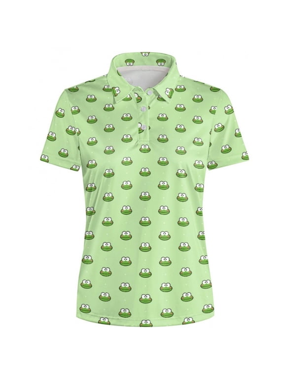 Womens Short Sleeve Shirts Casual Golf Tops Button Front Athletic Activewear Frog Print Polo Collared All Over Print Tops