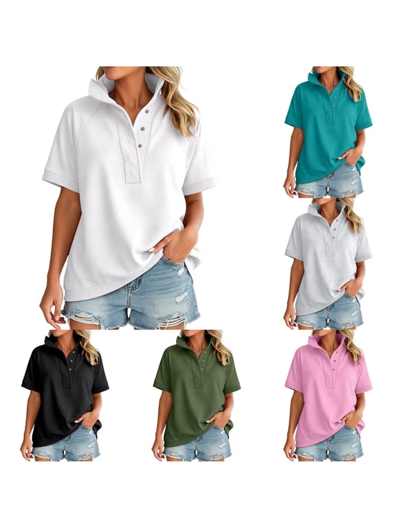 Womens Short Sleeve Sweatshirt Tops Neck Snap Button Placket Relaxed Fit Casual Summer Pullover Shirts