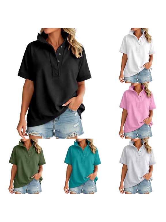 Womens Short Sleeve Sweatshirt Tops Neck Snap Button Placket Relaxed Fit Casual Summer Pullover Shirts