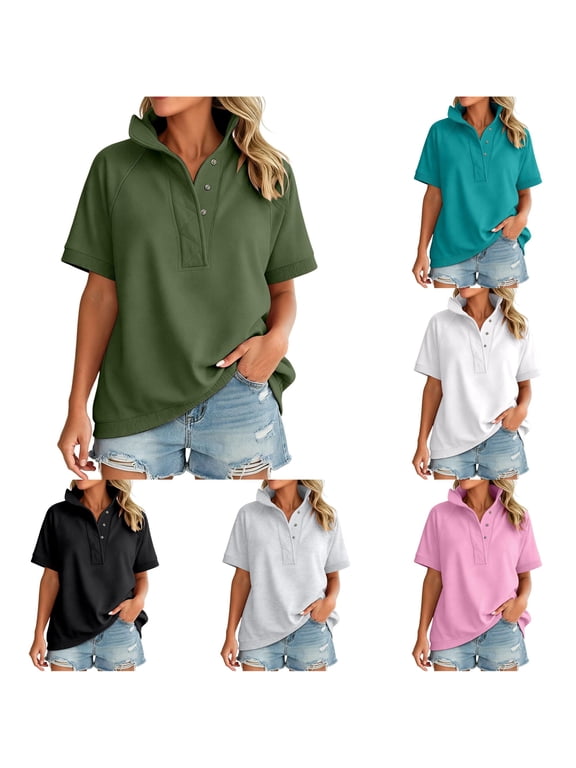 Womens Short Sleeve Sweatshirt Tops Neck Snap Button Placket Relaxed Fit Casual Summer Pullover Shirts