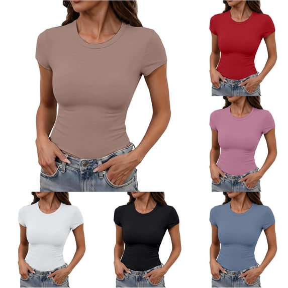 Trendfront Womens Short Sleeve T Shirts Crewneck Solid Color Slim Fit Tight Fitted Plain Base Layering Basic Tee Summer Baby Tops