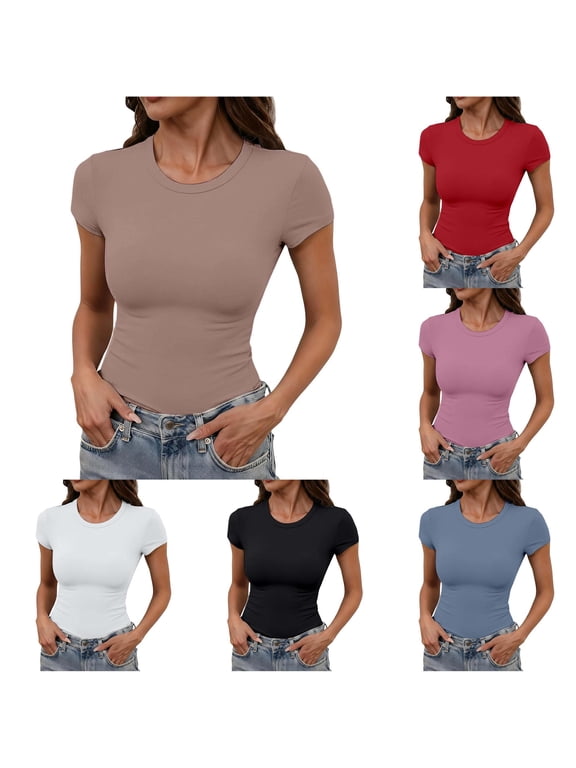 Womens Short Sleeve T Shirts Crewneck Solid Color Slim Fit Tight Fitted Plain Base Layering Basic Tee Summer Baby Tops
