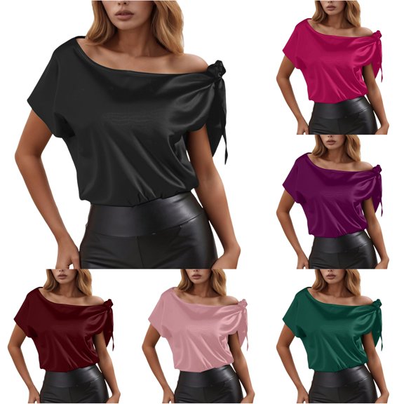 Trendfront Womens Off Shoulder Blouses Short Sleeve Bow Knot Asymmetrical Neck Elegant Casual Loose Fit Pullover Tops Summer Vacation Dressy Everyday Wear