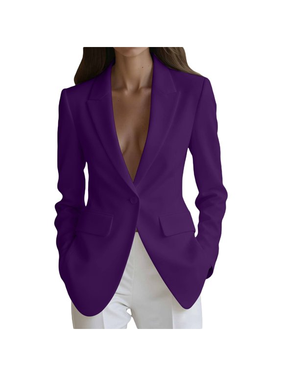 Womens Single Button Blazer Solid Notch Lapel Long Sleeve Suit Jacket Flap Pockets Tailored Waist Hip Length Office Coat