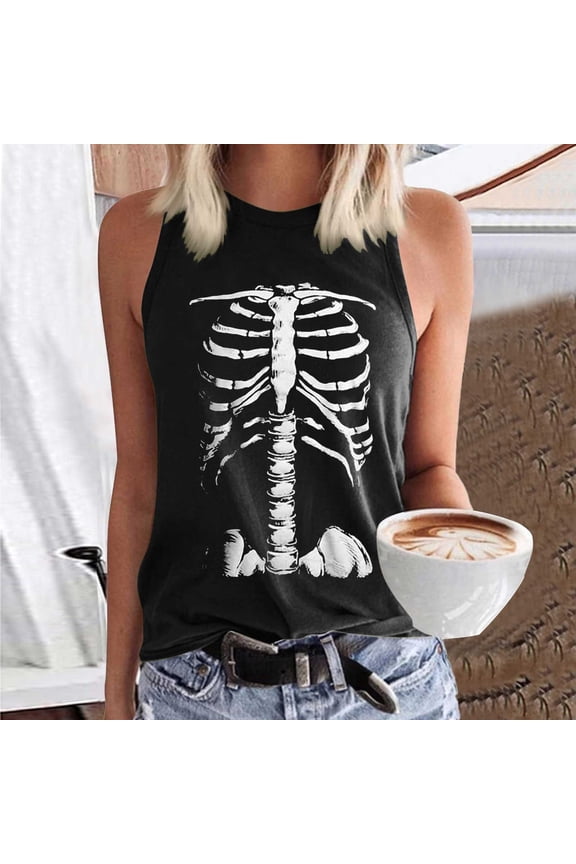 Womens Skeleton Rib Cage Tank Tops Sleeveless Summer Crewneck Fashion T-Shirts Loose Fit Goth Clothes