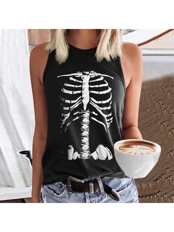 Womens Skeleton Rib Cage Tank Tops Sleeveless Summer Crewneck Fashion T-Shirts Loose Fit Goth Clothes