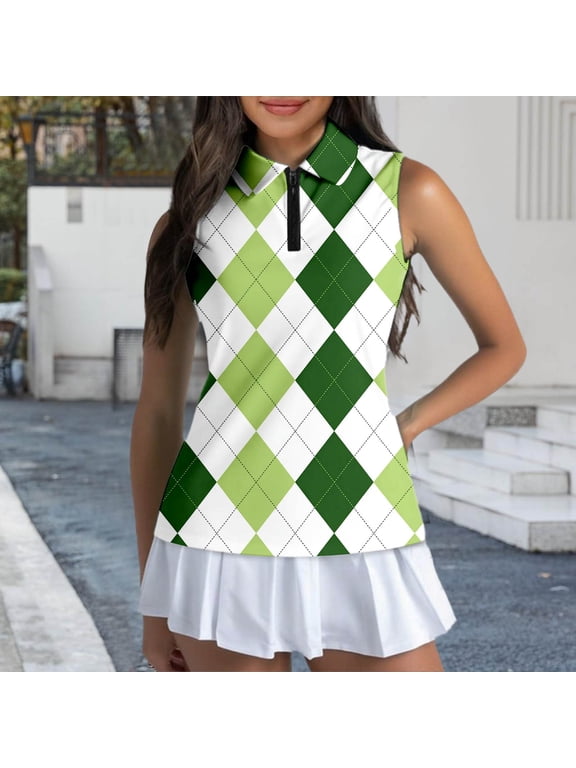 Womens Sleeveless Golf Polo Shirts Quarter Zip Collared Neck Argyle Plaid All Over Print Performance Tank Tops