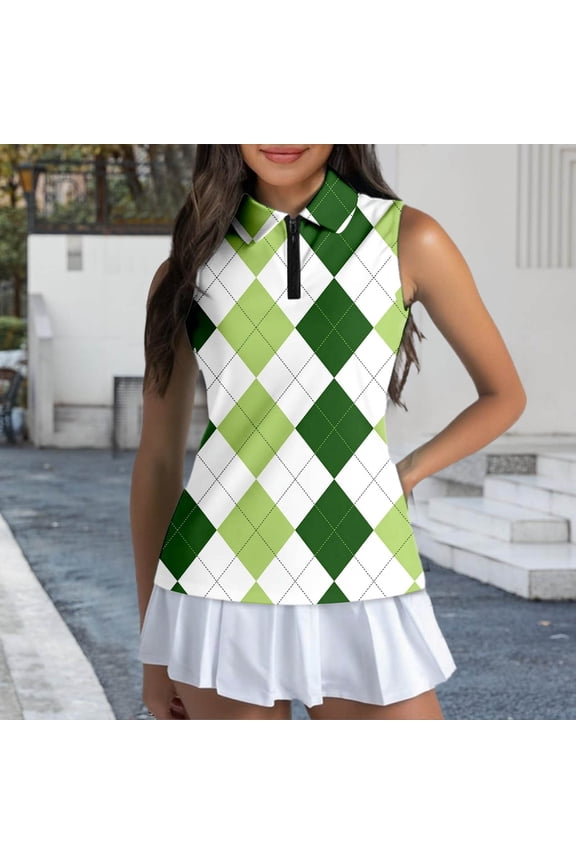 Womens Sleeveless Golf Polo Shirts Quarter Zip Collared Neck Argyle Plaid All Over Print Performance Tank Tops