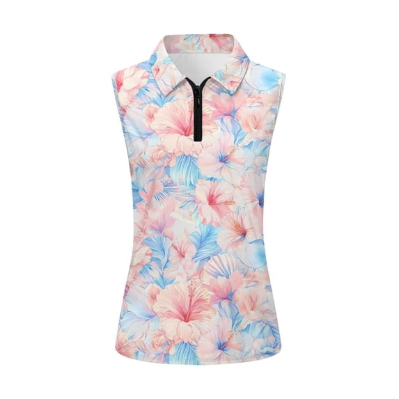 Trendfront Womens Sleeveless Polo Shirt Tropical Hibiscus Floral Print Quarter Zip Collared Golf Performance Sport Tops