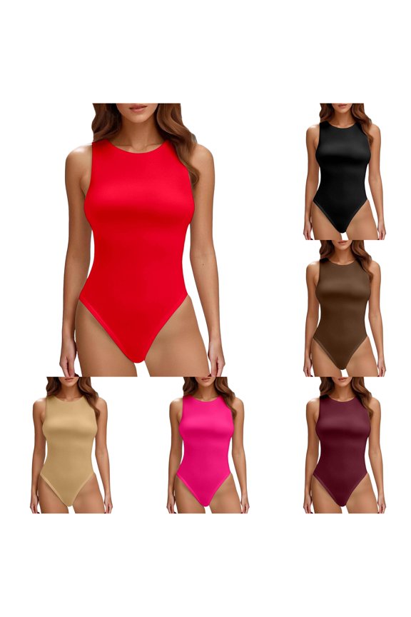 Womens Sleeveless Seamless Bodysuit Crew Neck Tummy Control High Cut One Piece Smoothing Compression Body Shaper