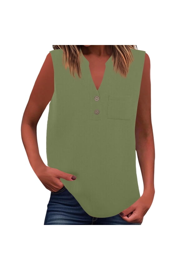 Womens Sleeveless Top V Neck Button Down Blouse Casual Loose Fit Shirt Functional Pocket Base Layer Versatile Summer Tank Top