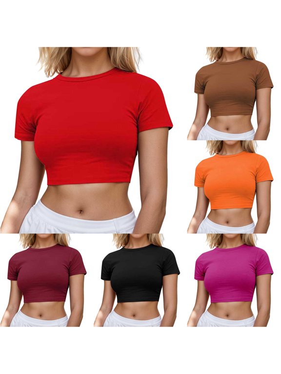 Womens Slim Fit Crop Top Short Sleeve Summer Crewneck Fashion T-Shirts Casual Basic Solid Color Layering Tee Going Out Clothes