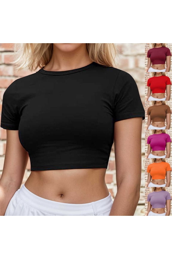 Womens Slim Fit Crop Top Short Sleeve Summer Crewneck Fashion T Shirts Casual Basic Solid Color Layering Tee Going Out Clothes