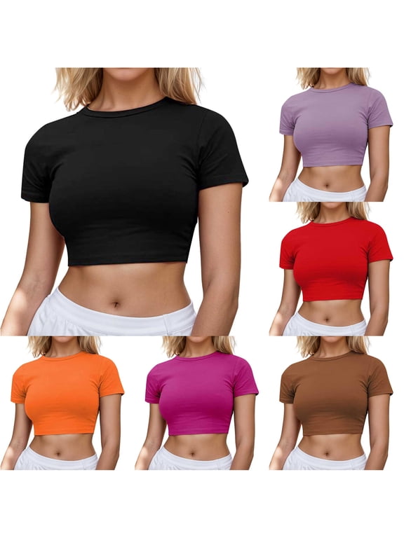 Womens Slim Fit Crop Top Short Sleeve Summer Crewneck Fashion T-Shirts Casual Basic Solid Color Layering Tee Going Out Clothes
