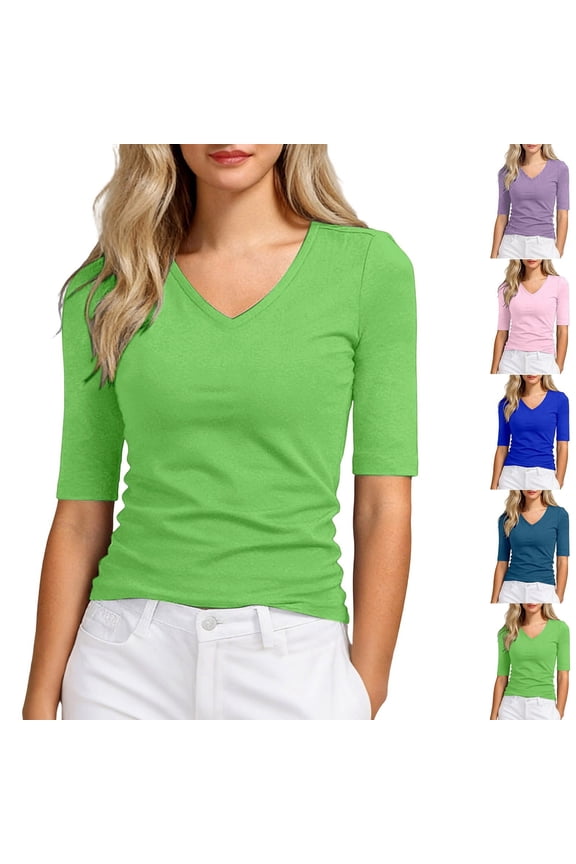 Womens Slim Fit Solid T Shirts V Neck Short Sleeve Top Casual Layering Minimalist Daily Summer Tee Fashion Shirt