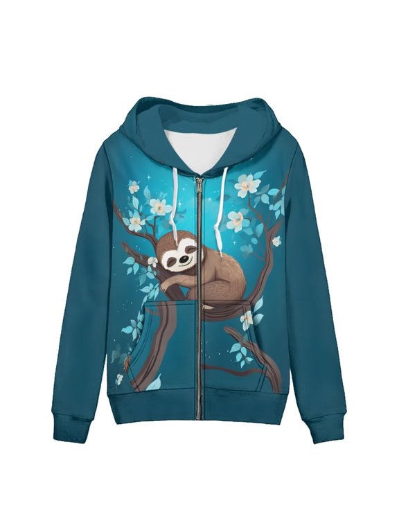 Womens Sloth Print Zip Up Hoodie Long Sleeves Drawstring Hood Casual Sweatshirt Jacket for Comfortable Daily Styling