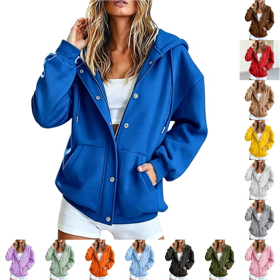 Trendfront Womens Snap Button Hooded Jacket Long Sleeve Longline Sweatshirt Front Closure With Side Pockets Relaxed Casual Wear