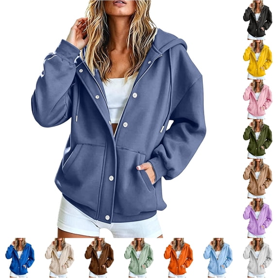 Trendfront Womens Snap Button Hooded Jacket Long Sleeve Longline Sweatshirt Front Closure With Side Pockets Relaxed Casual Wear