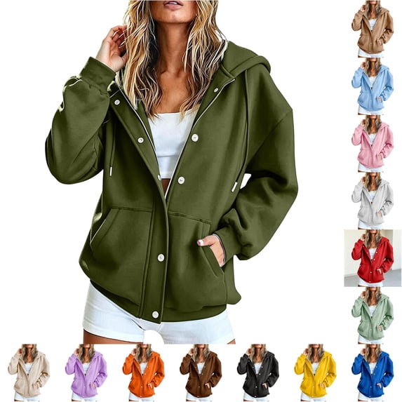 Trendfront Womens Snap Button Hooded Jacket Long Sleeve Longline Sweatshirt Front Closure With Side Pockets Relaxed Casual Wear