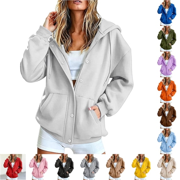Trendfront Womens Snap Button Hooded Jacket Long Sleeve Longline Sweatshirt Front Closure With Side Pockets Relaxed Casual Wear