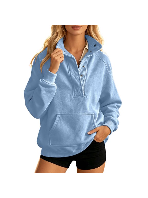 Womens Snap Neck Sweatshirt Solid Stand Collar Long Sleeve Pullover Kangaroo Pocket Drop Shoulder Ribbed Cuffs Top
