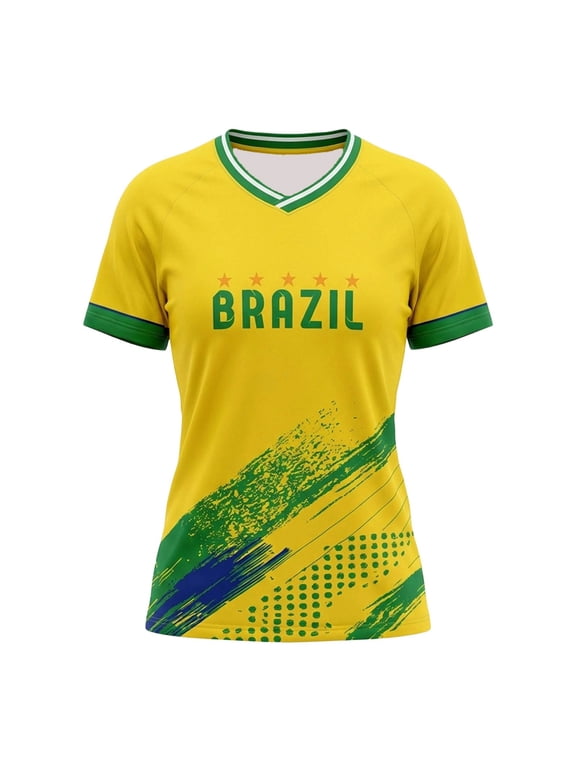 Womens Soccer V Neck Short Sleeve Brazil Brush Stroke Graphic Country Pride Match Day National Supporter Shirts