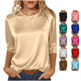 thumbnail image 1 of Trendfront Womens Solid Color Blouse Satin Crewneck 3/4 Sleeve Shirt Elegant Office Work Business Commute Tops for Women, 1 of 9