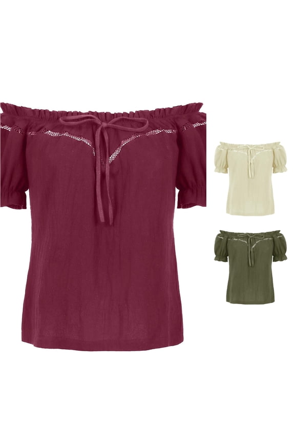 Womens Solid Color Blouse Off Shoulder Short Sleeve Ruffle Puff Sleeve Lace Trim Tie Neck Bow Knot Elegant Date Night Party Pullover Trendy Tops