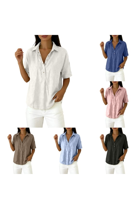 Womens Solid Color Blouses Collared V Neck Short Sleeve Button Front Loose Fit Lightweight Summer Shirt Tops
