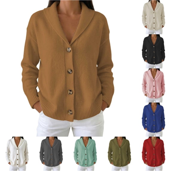 Trendfront Womens Solid Color Cardigan Shawl Collar Long Sleeve Button Front Ribbed Knit Casual Sweater Jacket With Pockets