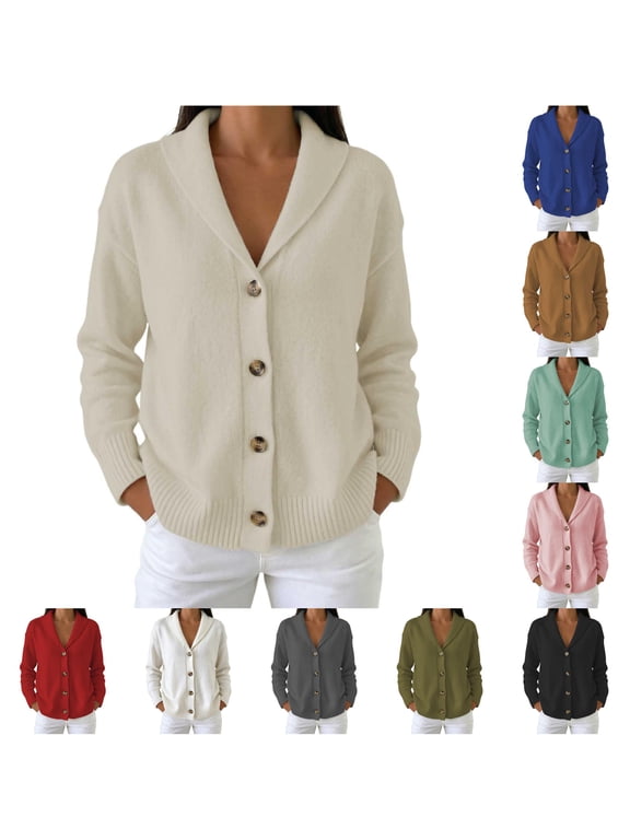 Womens Solid Color Cardigan Shawl Collar Long Sleeve Button Front Ribbed Knit Casual Sweater Jacket With Pockets