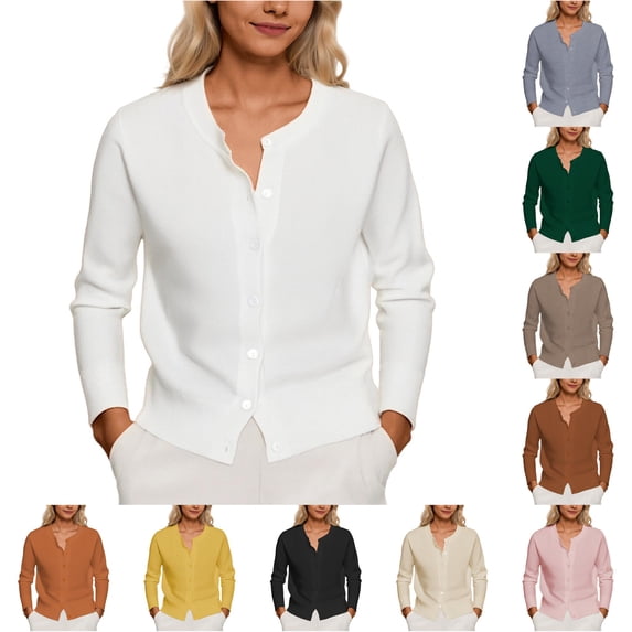 Trendfront Womens Solid Color Cardigan Sweater Long Sleeve Button Front Crew Neck Knit Casual Lightweight Layering Outerwear