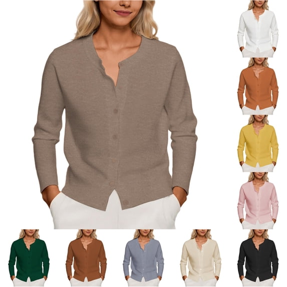 Trendfront Womens Solid Color Cardigan Sweater Long Sleeve Button Front Crew Neck Knit Casual Lightweight Layering Outerwear