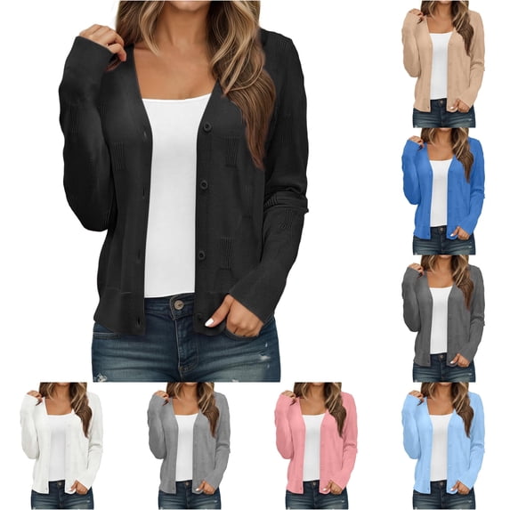 Trendfront Womens Solid Color Cardigan Sweater Long Sleeve Button Front V Neck Knit Jacket Casual Lightweight Layering Outerwear