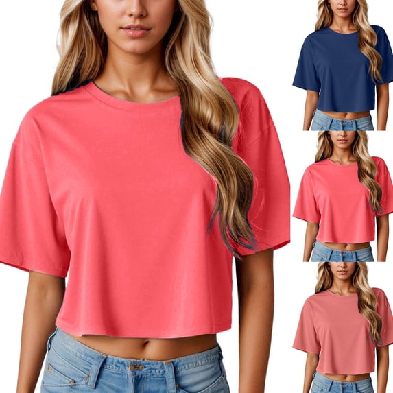 Trendfront Womens Solid Color Crop Tops Casual Round Neck T Shirts Fashion Short Length Tee Summer Loose Fit Stylish Daily Wear Pullover