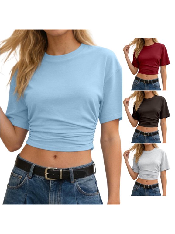 Womens Solid Color Crop Tops Crewneck Short Sleeve Ruched Side Drawstring Casual High Waist Gym Workout Athletic Loose Fit Shirt