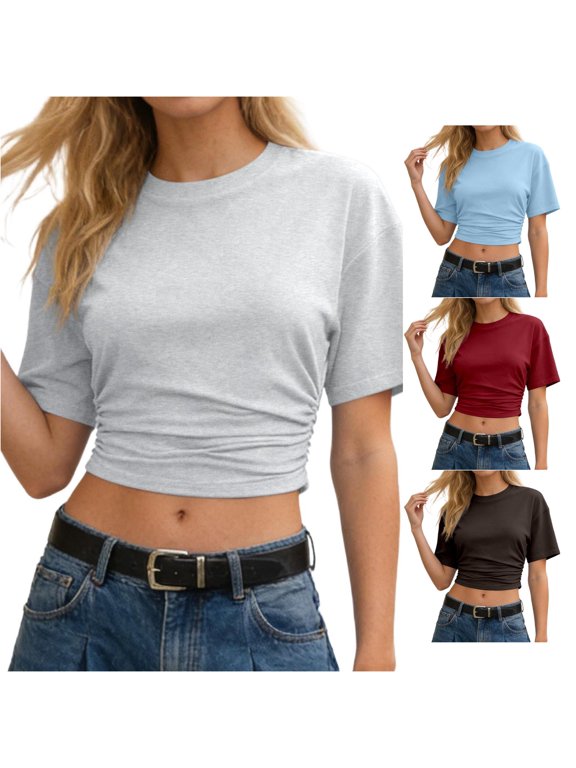 Womens Solid Color Crop Tops Crewneck Short Sleeve Ruched Side Drawstring Casual High Waist Gym Workout Athletic Pullover Loose Fit Shirt