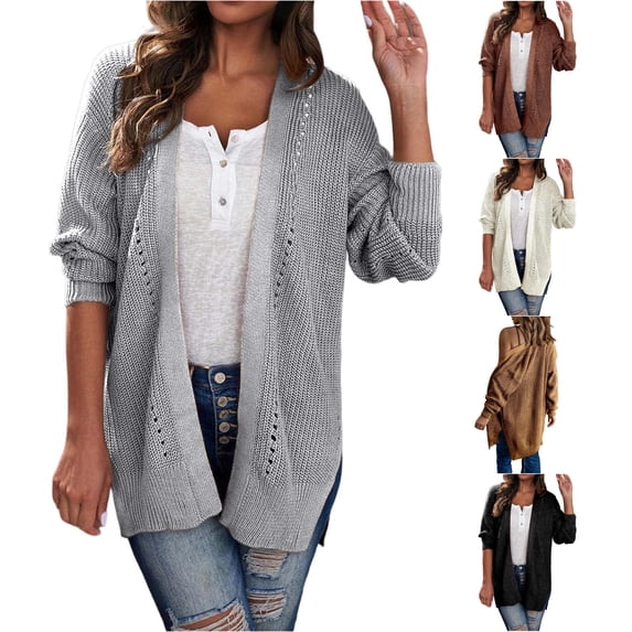 Trendfront Womens Solid Color Long Cardigan Open Front Long Sleeve Lightweight Knit Loose Fit Casual Everyday Layering Sweater Top