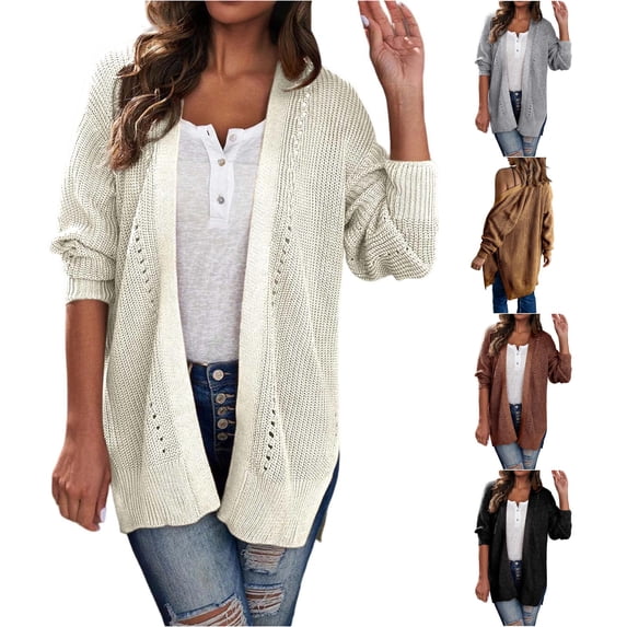 Trendfront Womens Solid Color Long Cardigan Open Front Long Sleeve Lightweight Knit Loose Fit Casual Everyday Layering Sweater Top